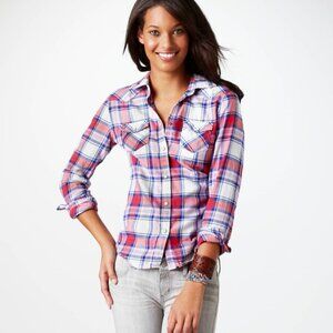 ✨ American Eagle Plaid Pearl Snap Western Long Sleeve Shirt – Women’s Size M ✨